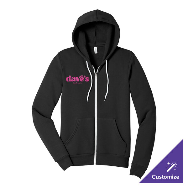 A black full-zip hoodie sweatshirt with a hood, front pockets, and customizable text on the chest.
