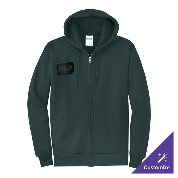 A dark green full-zip hoodie sweatshirt with a small patch on the chest and customizable options.