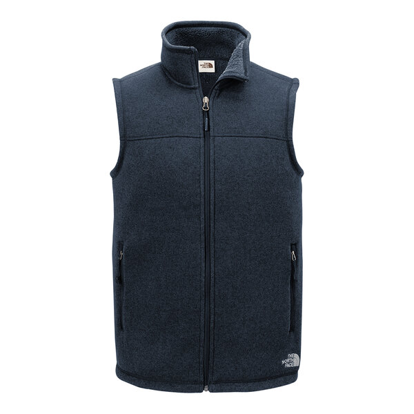 A North Face blue fleece sweater vest with a zipper.