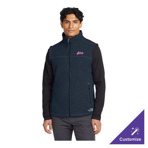A unisex navy heather fleece sweater vest with a customizable logo on the chest.