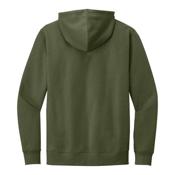 A back view of a green District sweatshirt hoodie with the hood up.