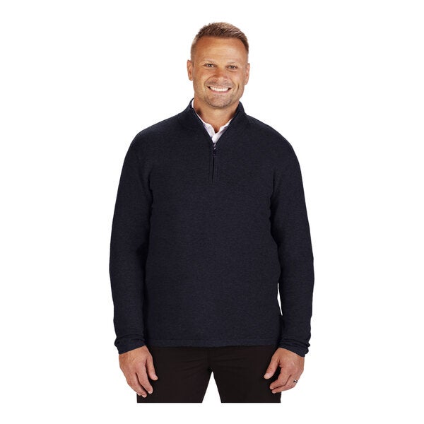 A unisex navy quarter-zip sweater made from a cotton blend.