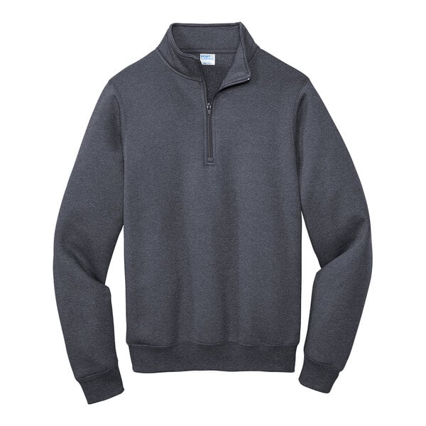 A Port & Company heather navy quarter-zip pullover sweatshirt.