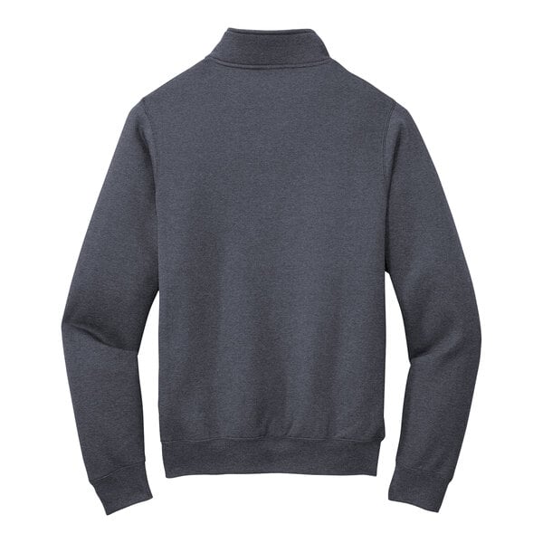 A dark grey Port & Company sweater with a quarter-zip.