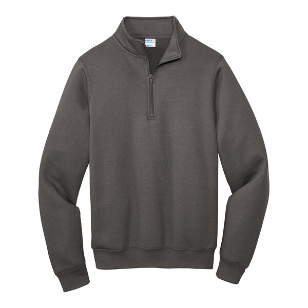 A grey Port & Company quarter-zip fleece sweatshirt.