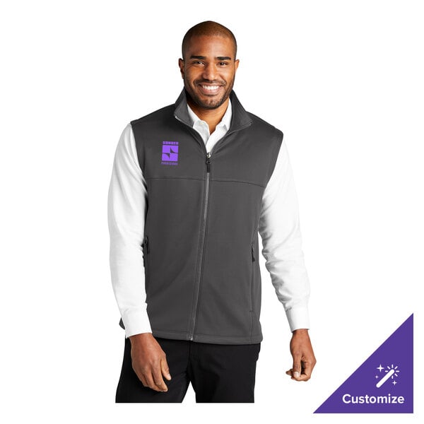 A unisex graphite fleece vest with a front zipper and customizable logo, shown in extra small size.