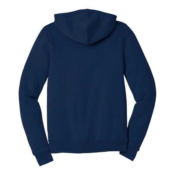 A back view of a navy Bella + Canvas full-zip hoodie.