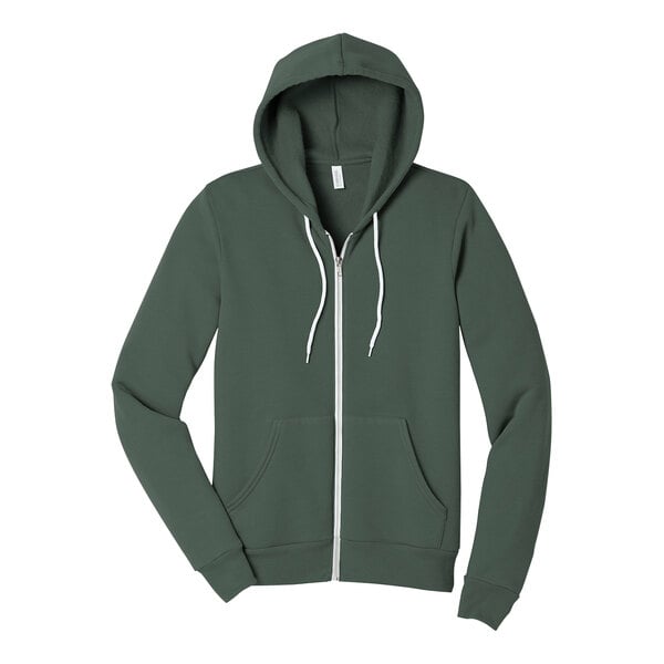 A Bella + Canvas military green zip-up hoodie.