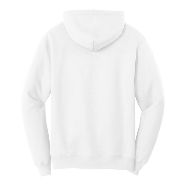 A white Port & Company fleece pullover hoodie with a hood.