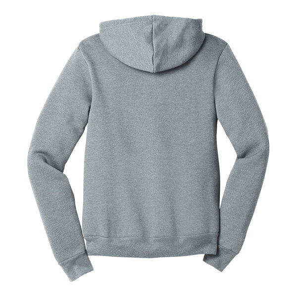 A Bella + Canvas unisex athletic heather full-zip hoodie with a hood on a white background.