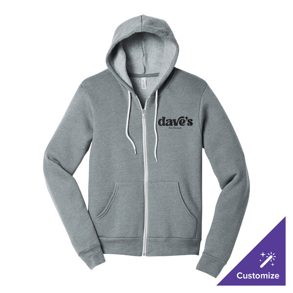 A light gray full-zip hoodie sweatshirt with a hood, front pockets, and customizable text on the chest.