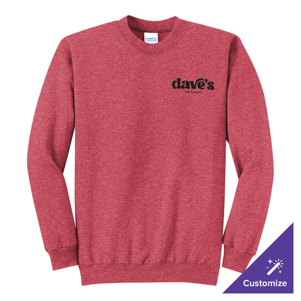 A heather red unisex crewneck sweatshirt with 'dave's Ice Cream' printed on the front, made from a cotton and polyester blend.
