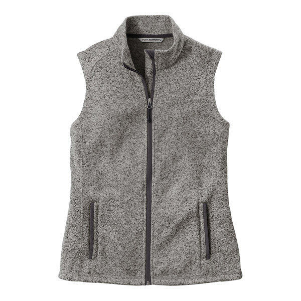 A Port Authority women's grey fleece sweater vest with a zipper.