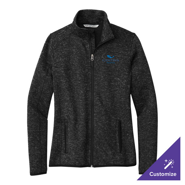 A women's black heather fleece sweater jacket with a full front zipper and customizable logo on the chest.