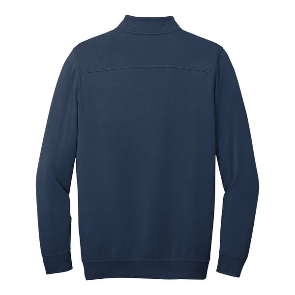 A back view of a TravisMathew blue fleece quarter-zip pullover