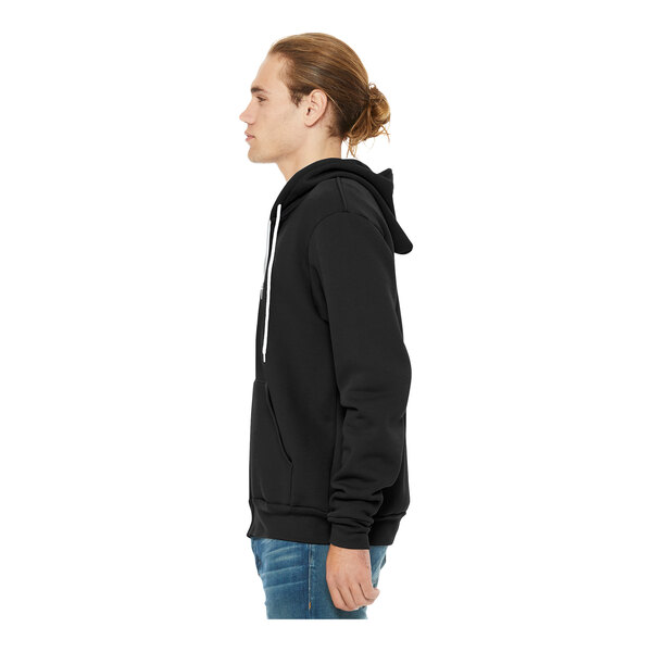 A man wearing a black Bella + Canvas Sponge Fleece full-zip hoodie.