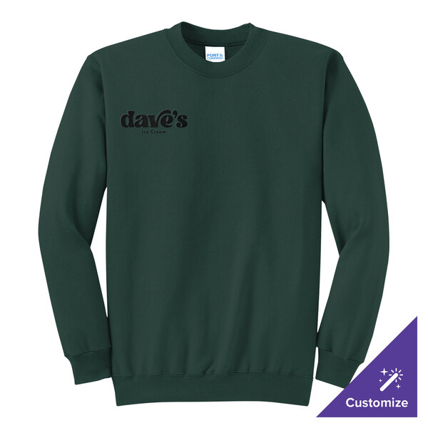 A dark green unisex crewneck sweatshirt with 'dave's Ice Cream' printed on the left chest.