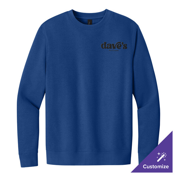 A royal blue unisex crewneck sweatshirt with 'dave's Ice Cream' printed on the left chest and a customizable option indicated in the bottom right corner.