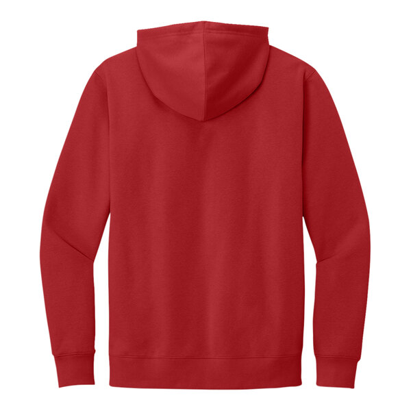 A red District hoodie with a hood.