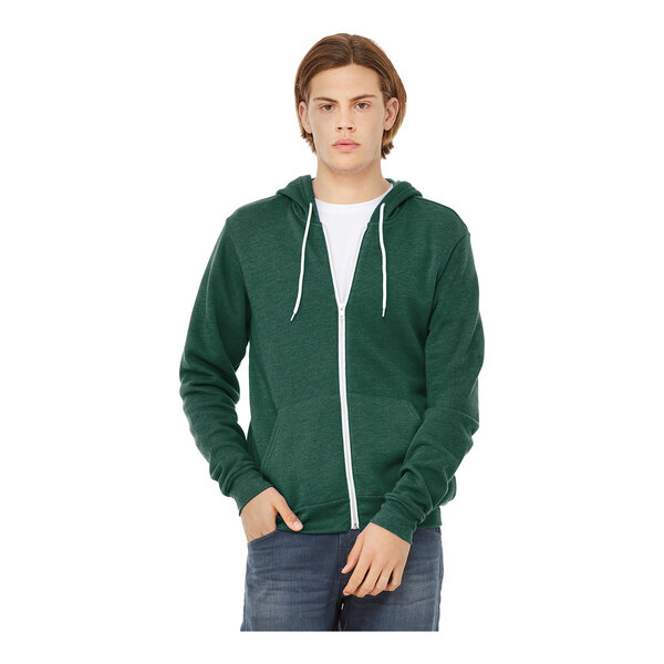 A man in a green zip-up Bella + Canvas sweatshirt.
