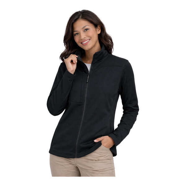 A women's black full-zip fleece jacket with a high collar and side pockets.