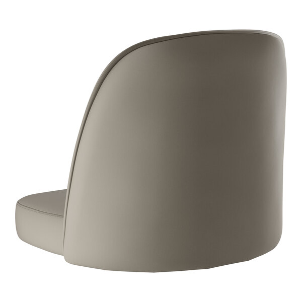 A gray vinyl bucket seat cushion on a chair with a curved back.