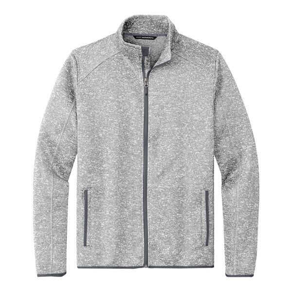 A Port Authority unisex grey fleece sweater jacket with a zipper.