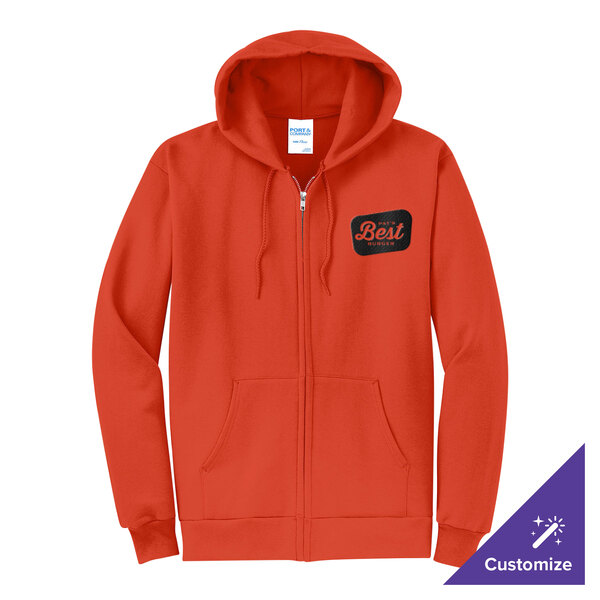 A customizable orange full-zip hoodie sweatshirt with a small chest graphic and front pockets.