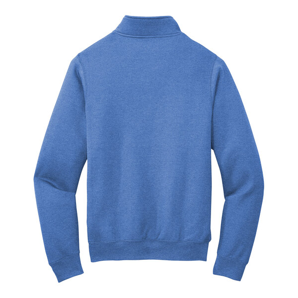 A blue Port & Company Core Fleece quarter-zip sweatshirt with long sleeves and a zipper.