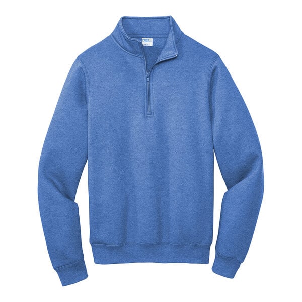 A Port & Company heather royal blue quarter-zip sweatshirt.