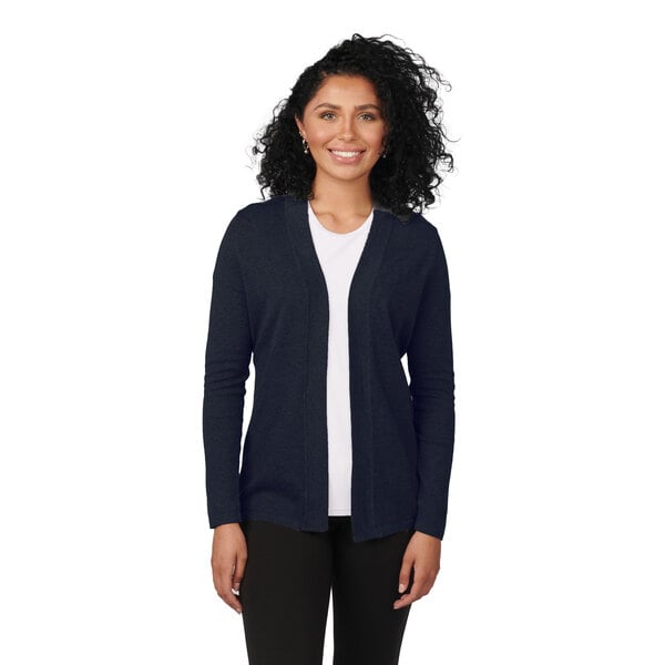A women's navy shirttail cardigan made from a cotton, acrylic, and nylon blend.