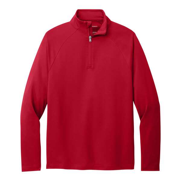 A Port Authority unisex red quarter-zip sweatshirt.