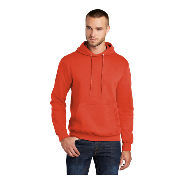 An orange Port & Company Core Fleece pullover hoodie.