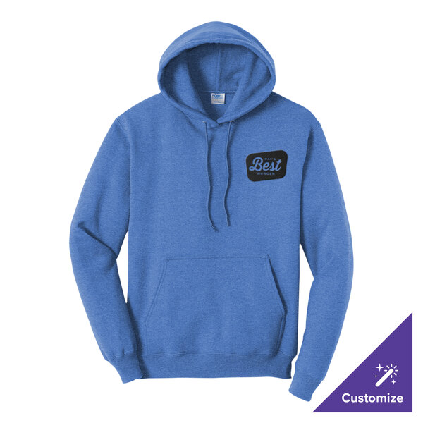 A blue unisex pullover hoodie sweatshirt with a front pocket and a small chest logo, made from a cotton and polyester blend.