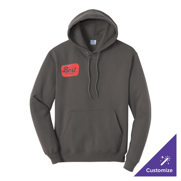 A charcoal gray unisex pullover hoodie sweatshirt with a small red graphic on the chest and a front pocket.