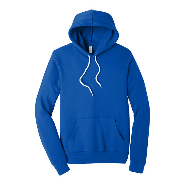 A Bella + Canvas unisex blue sponge fleece pullover hoodie with white strings.