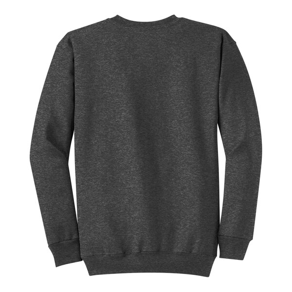 The back of a dark heather grey Port & Company Core Fleece sweatshirt with a black logo.