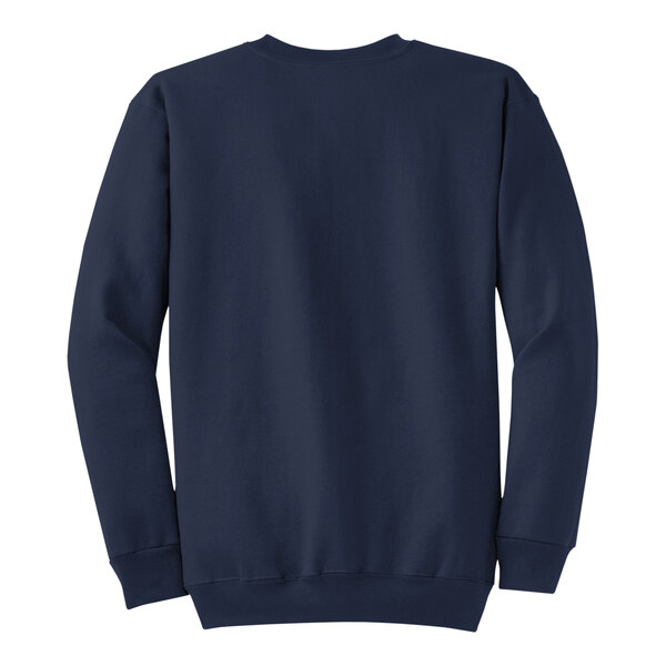 A navy Port & Company sweatshirt with long sleeves and the word "sweatshirt" on the back.