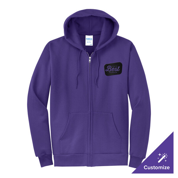 A purple full-zip hoodie sweatshirt with a small chest logo and front pockets.