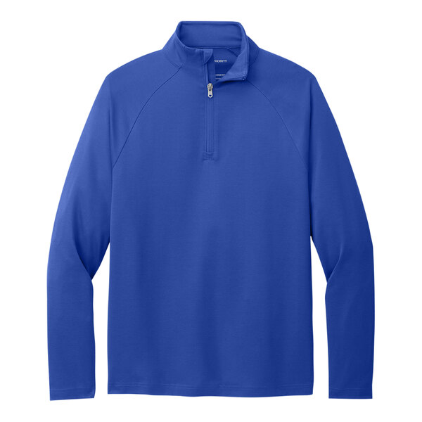 A Port Authority royal blue quarter-zip sweatshirt.