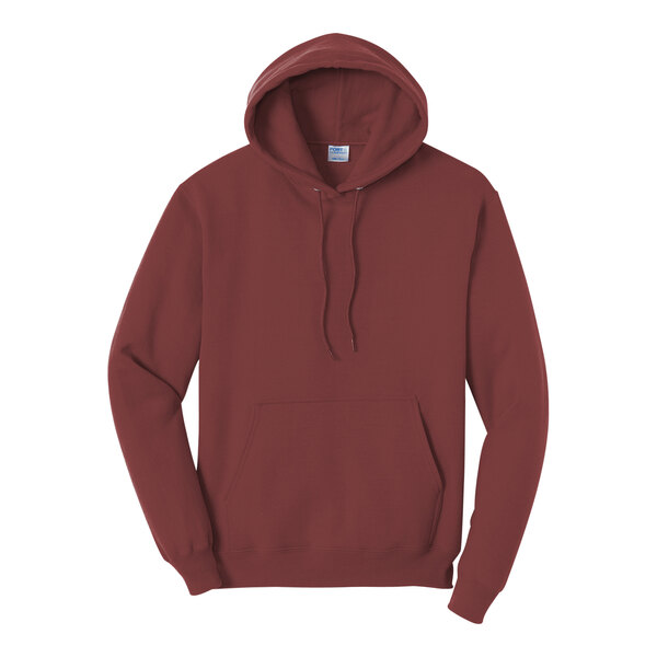 A maroon Port & Company Core Fleece pullover hoodie.