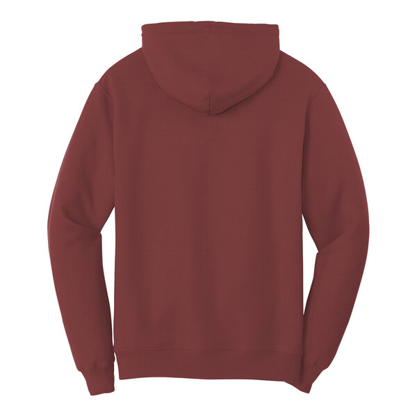 A maroon Port & Company pullover hoodie with a hood.