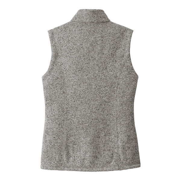 A grey fleece sweater vest for women.