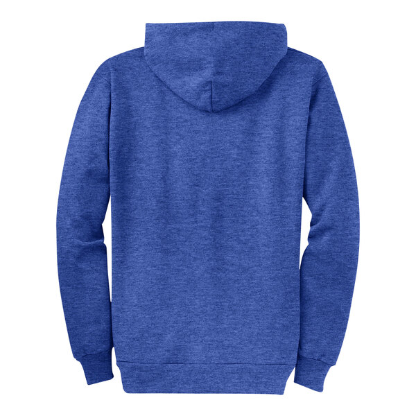 A heather royal blue Port & Company Core Fleece Full-Zip Hoodie with the word "hoodie" on the back.