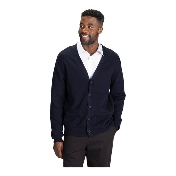 A man in a navy Edwards cardigan sweater.