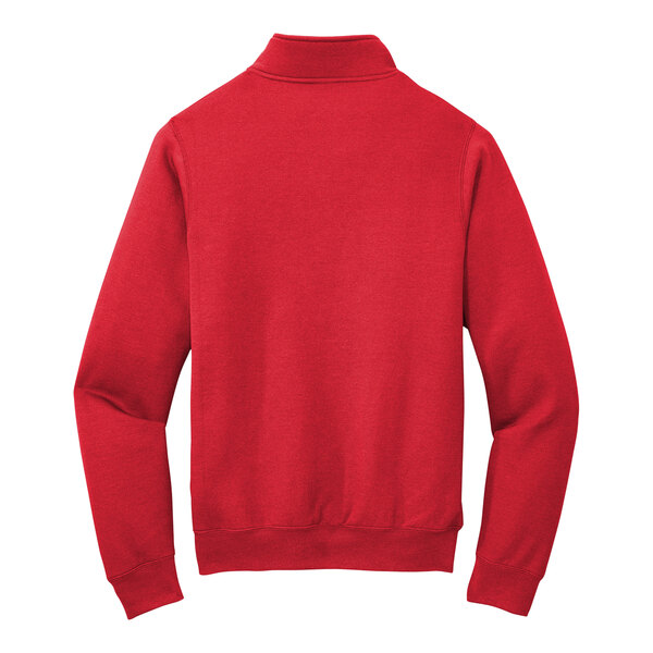 A red Port & Company quarter-zip pullover sweatshirt.