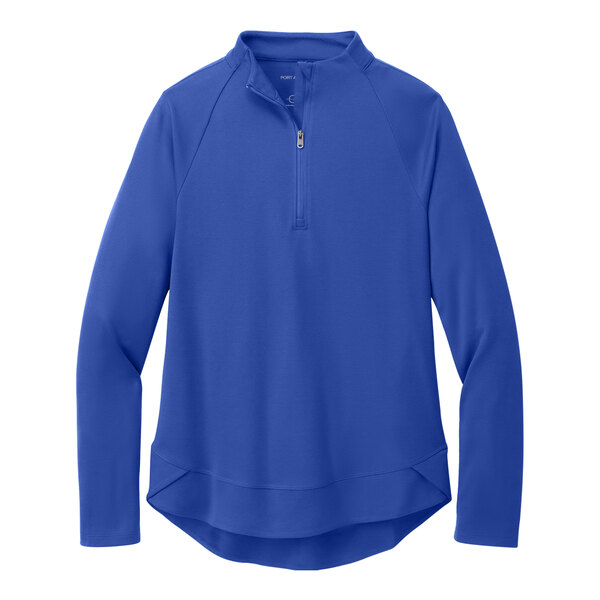 A Port Authority women's royal blue quarter-zip sweatshirt.