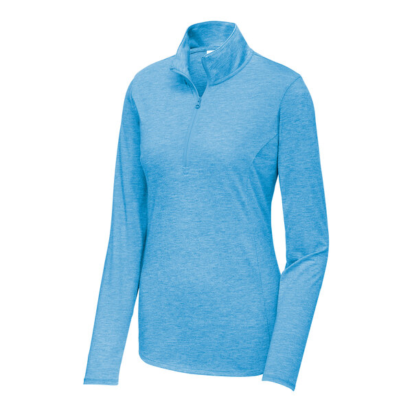 A Sport-Tek women's blue quarter-zip pullover sweatshirt.