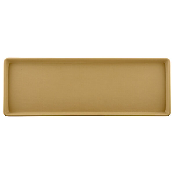 An Elite Global Solutions rectangular tray in a rattan color.