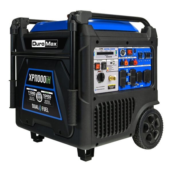 A close up of the DuroMax iH Series portable generator with wheels.